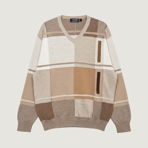 Marcello Mens V-Neck Merino Wool Blend Sweater Brown Beige Geometric Italy Large